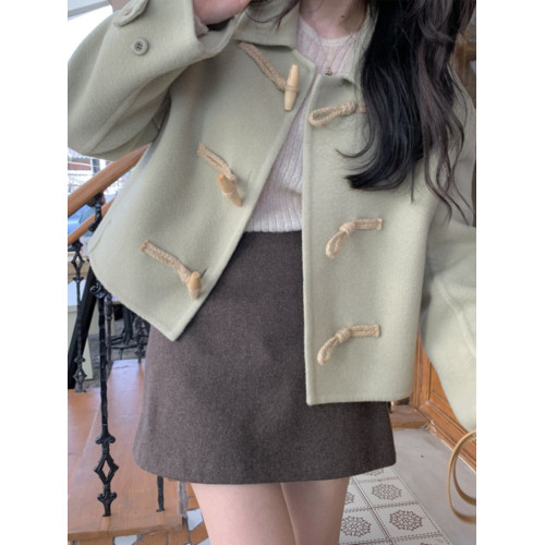 韓系毛呢外套女秋冬新款學院風黑色小個子上衣短款呢子牛角釦大衣