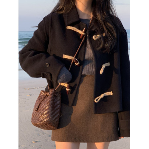 韓系毛呢外套女秋冬新款學院風黑色小個子上衣短款呢子牛角釦大衣