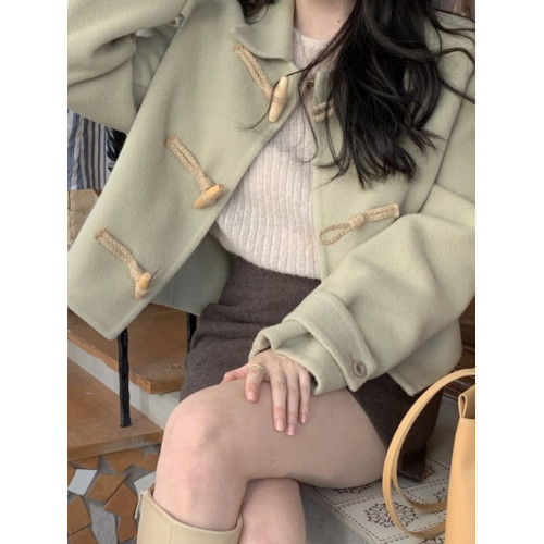 韓系毛呢外套女秋冬新款學院風黑色小個子上衣短款呢子牛角釦大衣