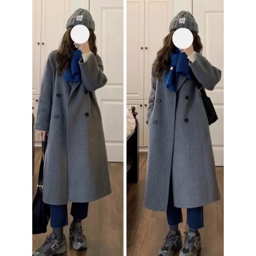 毛呢外套女2025年秋冬韓版加厚雙排釦小個子灰色呢子大衣女中長款 毛呢外套女2025年秋冬韓版加厚雙排釦小個子灰色呢子大衣女中長款
