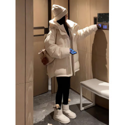 冬季新款連帽長袖百搭羽絨棉服外套女加厚保暖寬松顯瘦純色棉衣