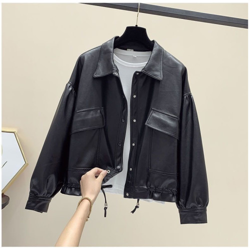 抽繩皮衣外套女短款寬松韓版bf風2025新款PU皮機車翻領大口袋夾克 抽繩皮衣外套女短款寬松韓版bf風2025新款PU皮機車翻領大口袋夾克