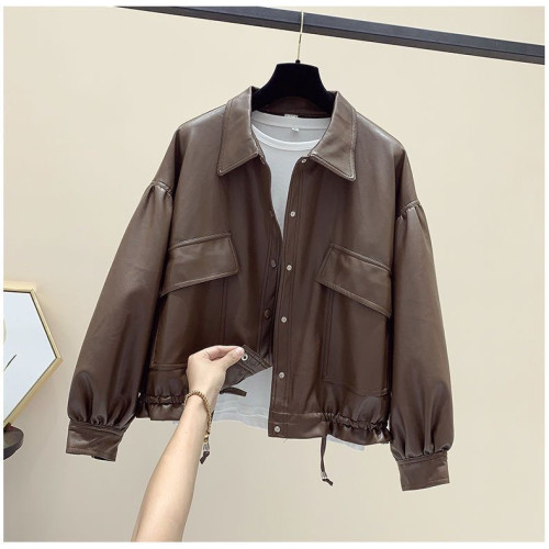 抽繩皮衣外套女短款寬松韓版bf風2025新款PU皮機車翻領大口袋夾克 抽繩皮衣外套女短款寬松韓版bf風2025新款PU皮機車翻領大口袋夾克