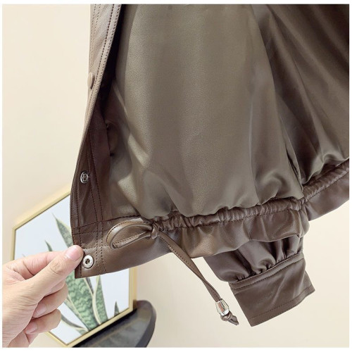 抽繩皮衣外套女短款寬松韓版bf風2025新款PU皮機車翻領大口袋夾克 抽繩皮衣外套女短款寬松韓版bf風2025新款PU皮機車翻領大口袋夾克