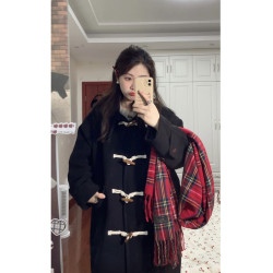 牛角釦黑色毛呢外套女秋冬2024新款韓系中長款小個子連帽呢子大衣