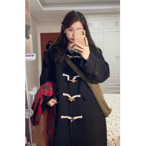 牛角釦黑色毛呢外套女秋冬2024新款韓系中長款小個子連帽呢子大衣 牛角釦黑色毛呢外套女秋冬2024新款韓系中長款小個子連帽呢子大衣