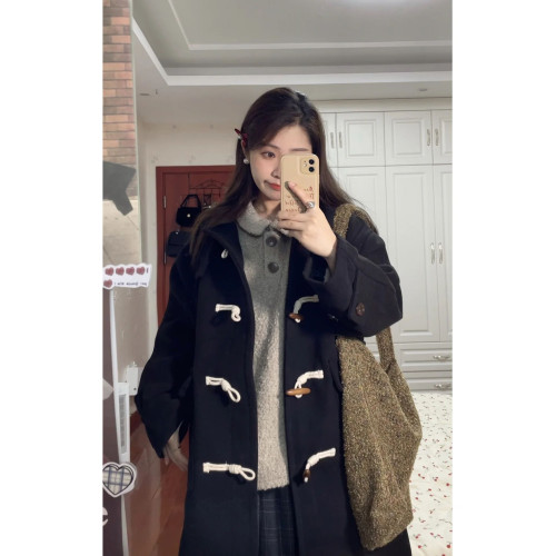 牛角釦黑色毛呢外套女秋冬2024新款韓系中長款小個子連帽呢子大衣 牛角釦黑色毛呢外套女秋冬2024新款韓系中長款小個子連帽呢子大衣