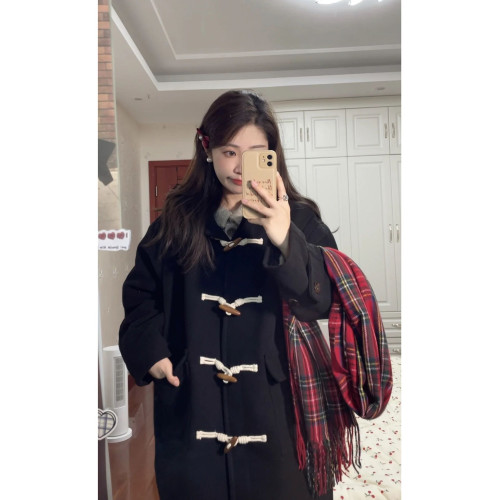 牛角釦黑色毛呢外套女秋冬2024新款韓系中長款小個子連帽呢子大衣 牛角釦黑色毛呢外套女秋冬2024新款韓系中長款小個子連帽呢子大衣