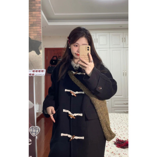 牛角釦黑色毛呢外套女秋冬2024新款韓系中長款小個子連帽呢子大衣 牛角釦黑色毛呢外套女秋冬2024新款韓系中長款小個子連帽呢子大衣