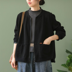 文藝復古全棉純色拉鍊短外套女2022年秋季寬松百搭棒球領開衫上衣