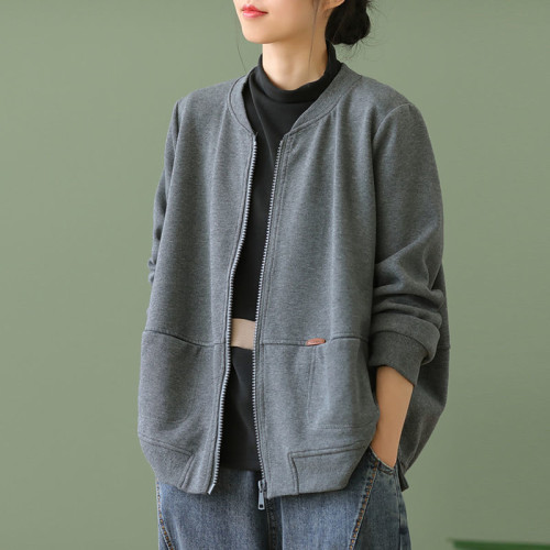 文藝復古全棉純色拉鍊短外套女2022年秋季寬松百搭棒球領開衫上衣 文藝復古全棉純色拉鍊短外套女2022年秋季寬松百搭棒球領開衫上衣