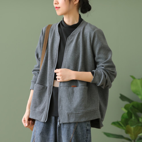文藝復古全棉純色拉鍊短外套女2022年秋季寬松百搭棒球領開衫上衣 文藝復古全棉純色拉鍊短外套女2022年秋季寬松百搭棒球領開衫上衣