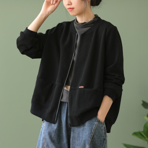文藝復古全棉純色拉鍊短外套女2022年秋季寬松百搭棒球領開衫上衣 文藝復古全棉純色拉鍊短外套女2022年秋季寬松百搭棒球領開衫上衣
