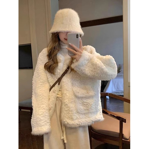 白色小香風毛絨皮毛一體羊羔毛外套女小個子秋冬加厚棉服2024冬季 白色小香風毛絨皮毛一體羊羔毛外套女小個子秋冬加厚棉服2024冬季