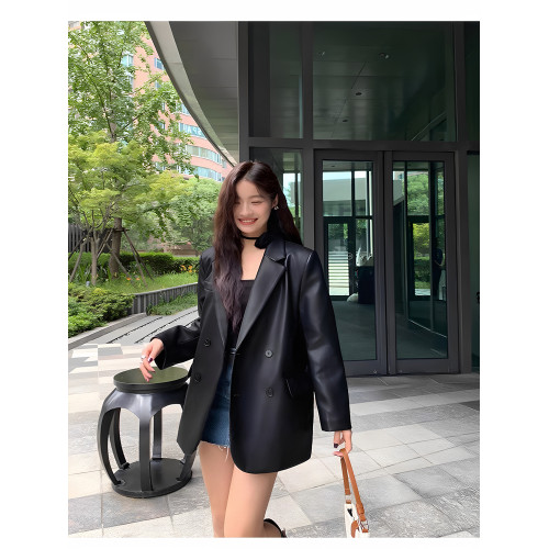 2025秋季新款黑色復古PU皮衣西裝外套女寬松休閒氣質高級感上衣女 2025秋季新款黑色復古PU皮衣西裝外套女寬松休閒氣質高級感上衣女