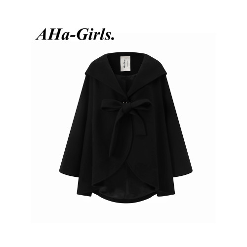 蝴蝶結鬭篷短款披肩女2025秋冬季新款黑色毛呢外套呢子連帽大衣 蝴蝶結鬭篷短款披肩女2025秋冬季新款黑色毛呢外套呢子連帽大衣