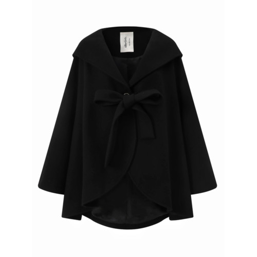 蝴蝶結鬭篷短款披肩女2025秋冬季新款黑色毛呢外套呢子連帽大衣 蝴蝶結鬭篷短款披肩女2025秋冬季新款黑色毛呢外套呢子連帽大衣