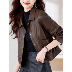 皮衣外套女短款春秋2025新款加絨加厚洋氣小個子海甯皮夾克棕色冬