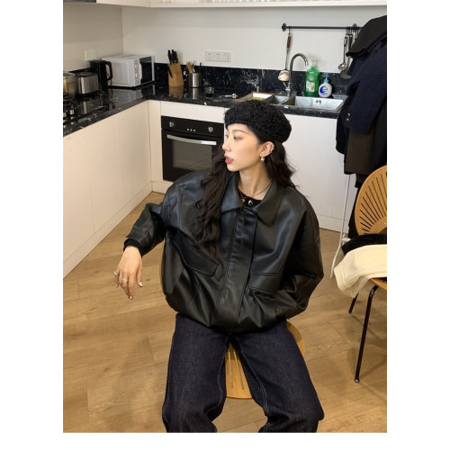 秋冬加絨港風復古休閒寬松廓形酷帥潮黑色拉鍊機車皮衣夾克外套女 秋冬加絨港風復古休閒寬松廓形酷帥潮黑色拉鍊機車皮衣夾克外套女