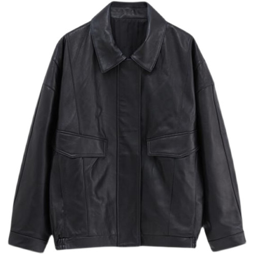 秋冬加絨港風復古休閒寬松廓形酷帥潮黑色拉鍊機車皮衣夾克外套女 秋冬加絨港風復古休閒寬松廓形酷帥潮黑色拉鍊機車皮衣夾克外套女