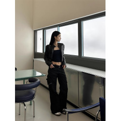 美式復古經典黑色酷帥女夾克秋季袖口拉鍊式立領修身機車皮衣外套