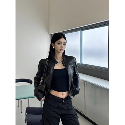 美式復古經典黑色酷帥女夾克秋季袖口拉鍊式立領修身機車皮衣外套 美式復古經典黑色酷帥女夾克秋季袖口拉鍊式立領修身機車皮衣外套