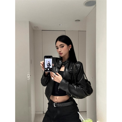 美式復古經典黑色酷帥女夾克秋季袖口拉鍊式立領修身機車皮衣外套 美式復古經典黑色酷帥女夾克秋季袖口拉鍊式立領修身機車皮衣外套