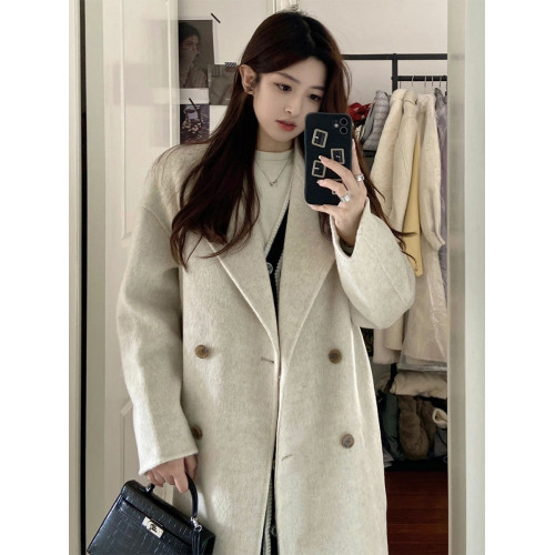 2025春秋韓版小個子呢子大衣中長款燕麥色毛呢外套女赫本風高級感