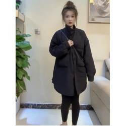 歐貨冬季黑色加厚工裝羽絨棉服設計感長款寬松韓版加棉洋氣外套女