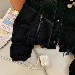 黑色絲絨復古短款羽絨棉服女冬季2022年新款棉襖加厚立領外套棉衣