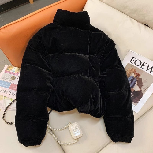黑色絲絨復古短款羽絨棉服女冬季2022年新款棉襖加厚立領外套棉衣 黑色絲絨復古短款羽絨棉服女冬季2022年新款棉襖加厚立領外套棉衣