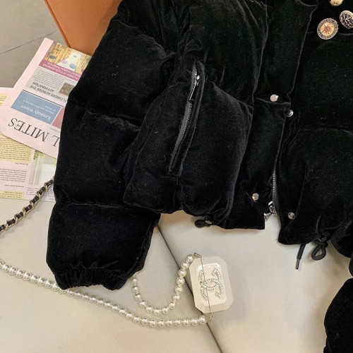 黑色絲絨復古短款羽絨棉服女冬季2022年新款棉襖加厚立領外套棉衣 黑色絲絨復古短款羽絨棉服女冬季2022年新款棉襖加厚立領外套棉衣