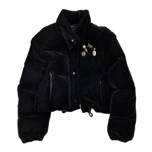 黑色絲絨復古短款羽絨棉服女冬季2022年新款棉襖加厚立領外套棉衣