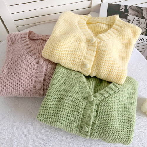 甜美溫柔慵懶風V領長袖排釦針織秋冬開衫小外套純色短款毛衣女 甜美溫柔慵懶風V領長袖排釦針織秋冬開衫小外套純色短款毛衣女