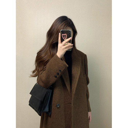 格子毛呢外套女小個子2024新款冬季高級感赫本風西裝正肩呢子大衣