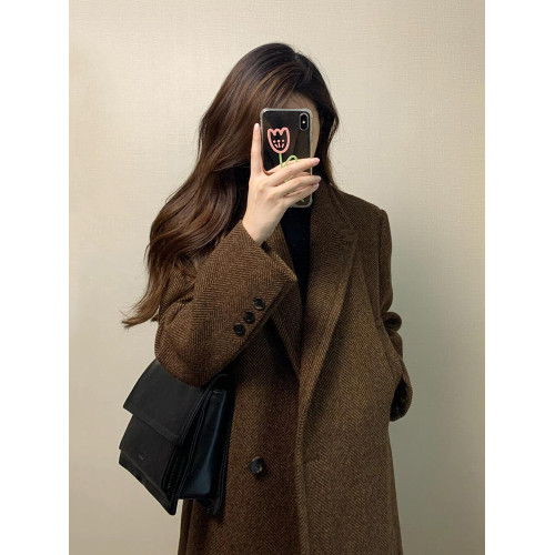 格子毛呢外套女小個子2024新款冬季高級感赫本風西裝正肩呢子大衣