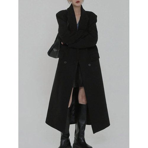 黑色毛呢外套女夾棉加厚秋冬季韓版加棉高個子加長款正肩呢子大衣