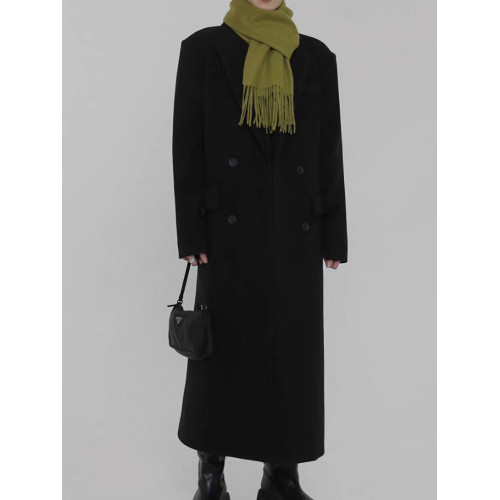 黑色毛呢外套女夾棉加厚秋冬季韓版加棉高個子加長款正肩呢子大衣