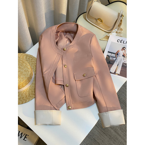 裸粉色設計感氣質短外套女2025春秋新品韓版女神範超酷皮衣上衣潮 裸粉色設計感氣質短外套女2025春秋新品韓版女神範超酷皮衣上衣潮