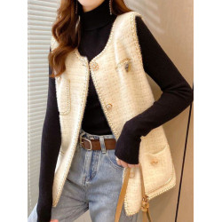 法式仿水貂絨小香風針織馬甲開衫2025春秋新款寬松女百搭背心坎肩