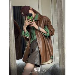 2023秋美拉德穿搭復古棕色皮衣外套夾克女撞色時尚一整套裝OOTD女