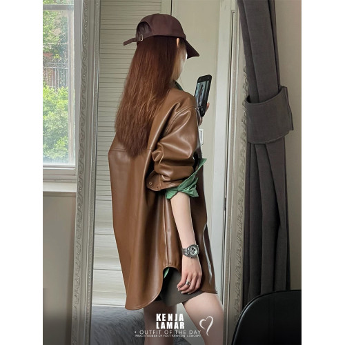 2023秋美拉德穿搭復古棕色皮衣外套夾克女撞色時尚一整套裝OOTD女 2023秋美拉德穿搭復古棕色皮衣外套夾克女撞色時尚一整套裝OOTD女