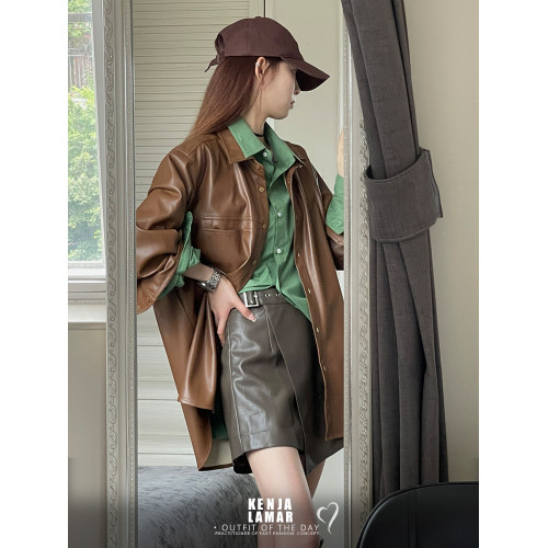 2023秋美拉德穿搭復古棕色皮衣外套夾克女撞色時尚一整套裝OOTD女 2023秋美拉德穿搭復古棕色皮衣外套夾克女撞色時尚一整套裝OOTD女