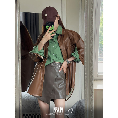 2023秋美拉德穿搭復古棕色皮衣外套夾克女撞色時尚一整套裝OOTD女 2023秋美拉德穿搭復古棕色皮衣外套夾克女撞色時尚一整套裝OOTD女