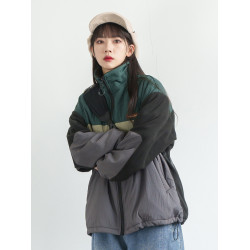 RCDB日系復古拼色寬條紋立領搖粒絨工裝棉衣男女中性寬松學生棉服