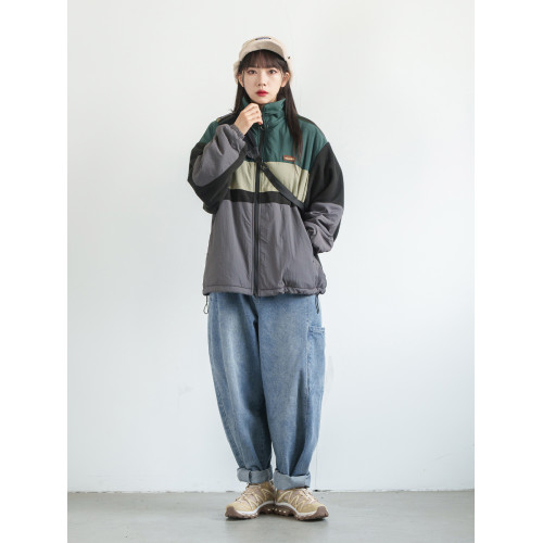 RCDB日系復古拼色寬條紋立領搖粒絨工裝棉衣男女中性寬松學生棉服 RCDB日系復古拼色寬條紋立領搖粒絨工裝棉衣男女中性寬松學生棉服