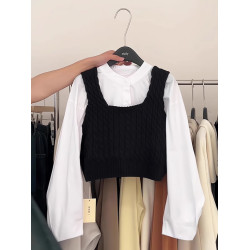 黑色針織馬甲背心女秋冬無袖毛衣外搭外穿曡穿襯衫兩件套坎肩上衣