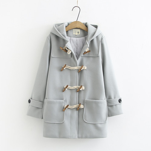 原單連帽毛呢外套中長款秋冬新款學生韓版學院風牛角釦呢子大衣女
