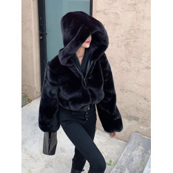 仿兔毛絨短款棉服外套女2025新款秋冬小個子加厚保暖連帽衛衣棉襖