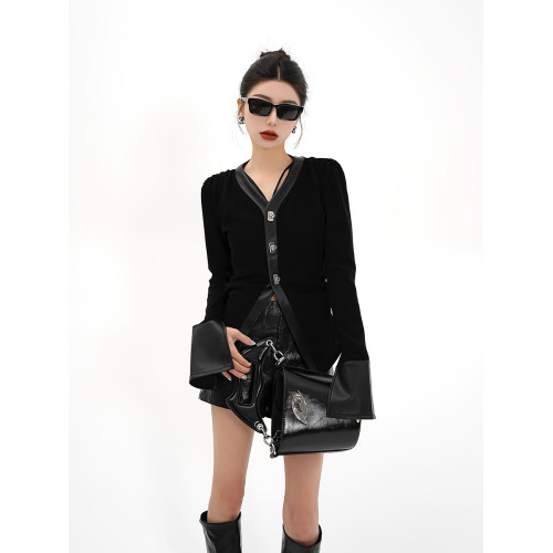 SRYS拼皮收腰顯瘦高腰長袖開衫黑色V領短外套襯衫上衣新款春裝女 SRYS拼皮收腰顯瘦高腰長袖開衫黑色V領短外套襯衫上衣新款春裝女